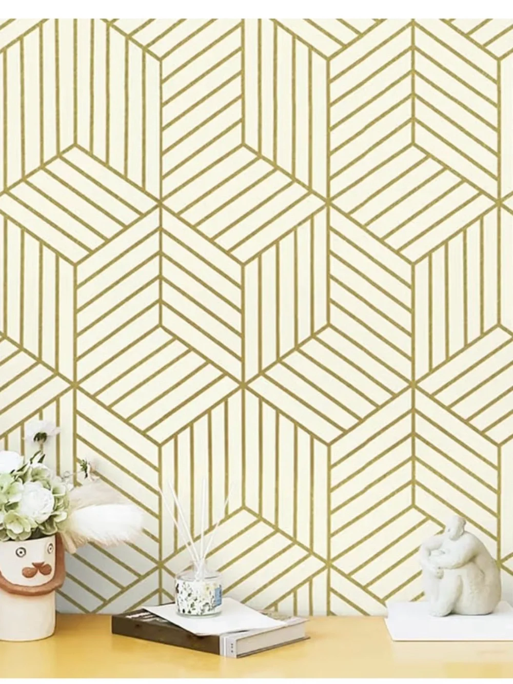 Gold Geometric Hexagon Wallpaper - Modern Wall Decor- Peel and Stick
